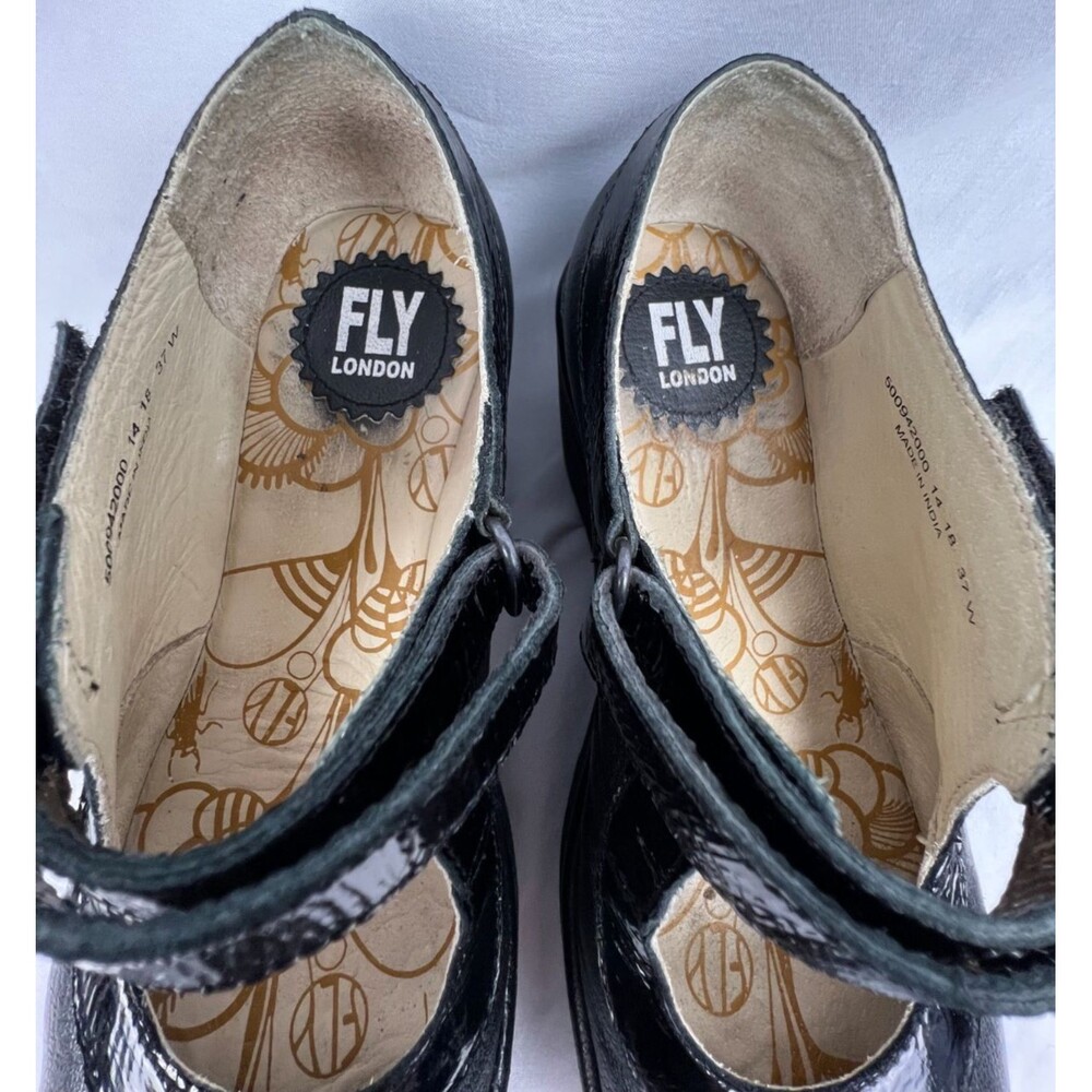 FLY LONDON Mary Jane Wedge Shoes Women's US 7 Black Leather Hook & Loop - Picture 5 of 13